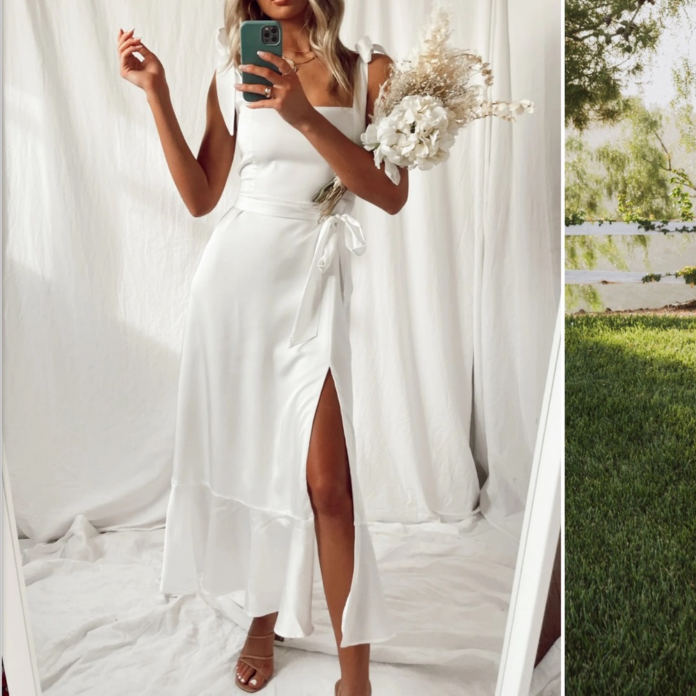 Show Me Your Mumu Garden Midi Dress in Luxe Ivory Satin